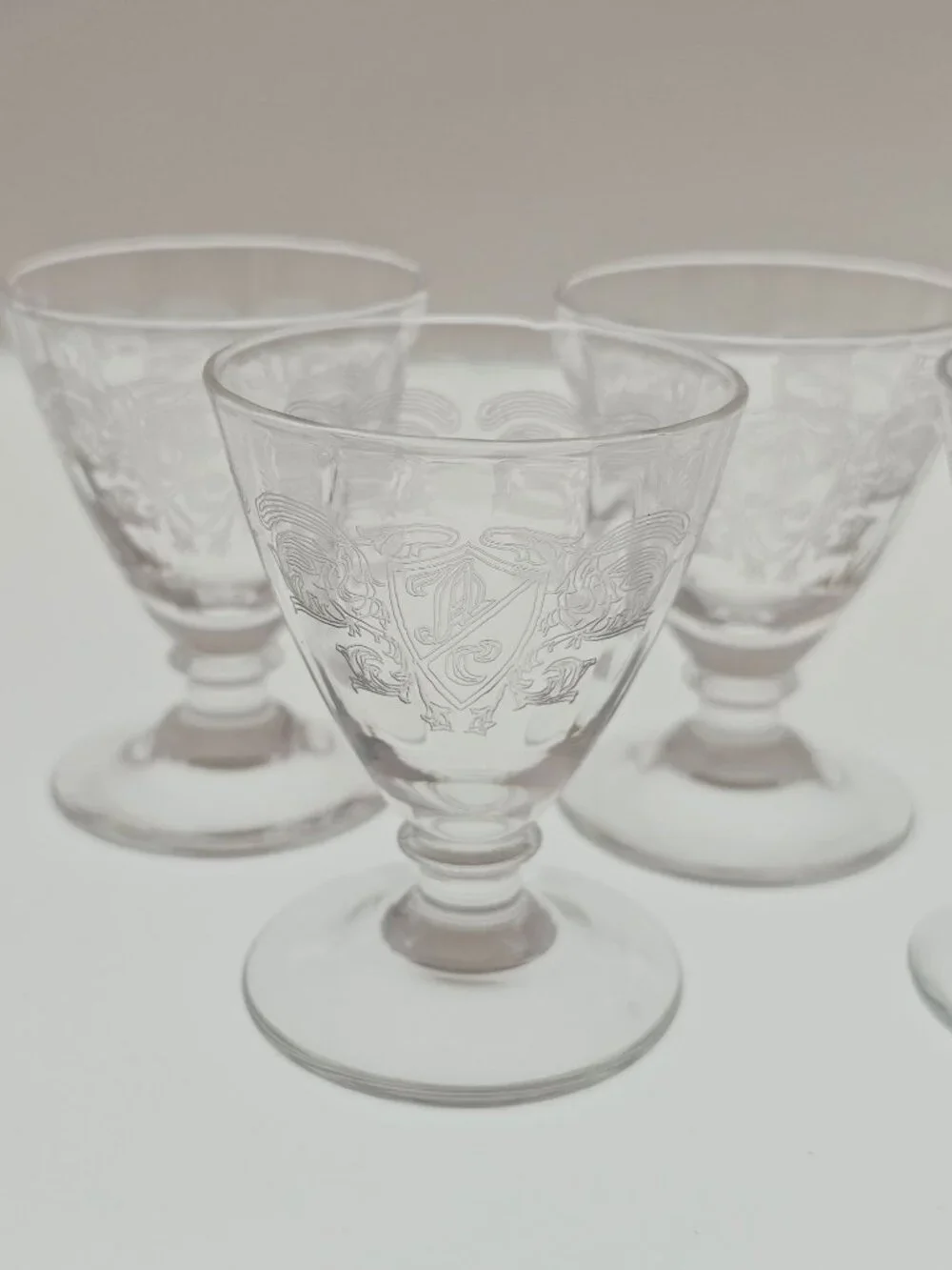 4 Antique Victorian Crest Shot Glass Mini Goblet etched heraldic 2.5